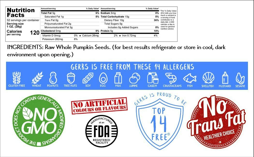 Gerbs Raw Whole Pumpkin Seeds 2 lbs. | In-Shell, 10.5 mm Size, Resealable Bag | Mildly Nutty & Crunchy | Top 14 Allergen-Free