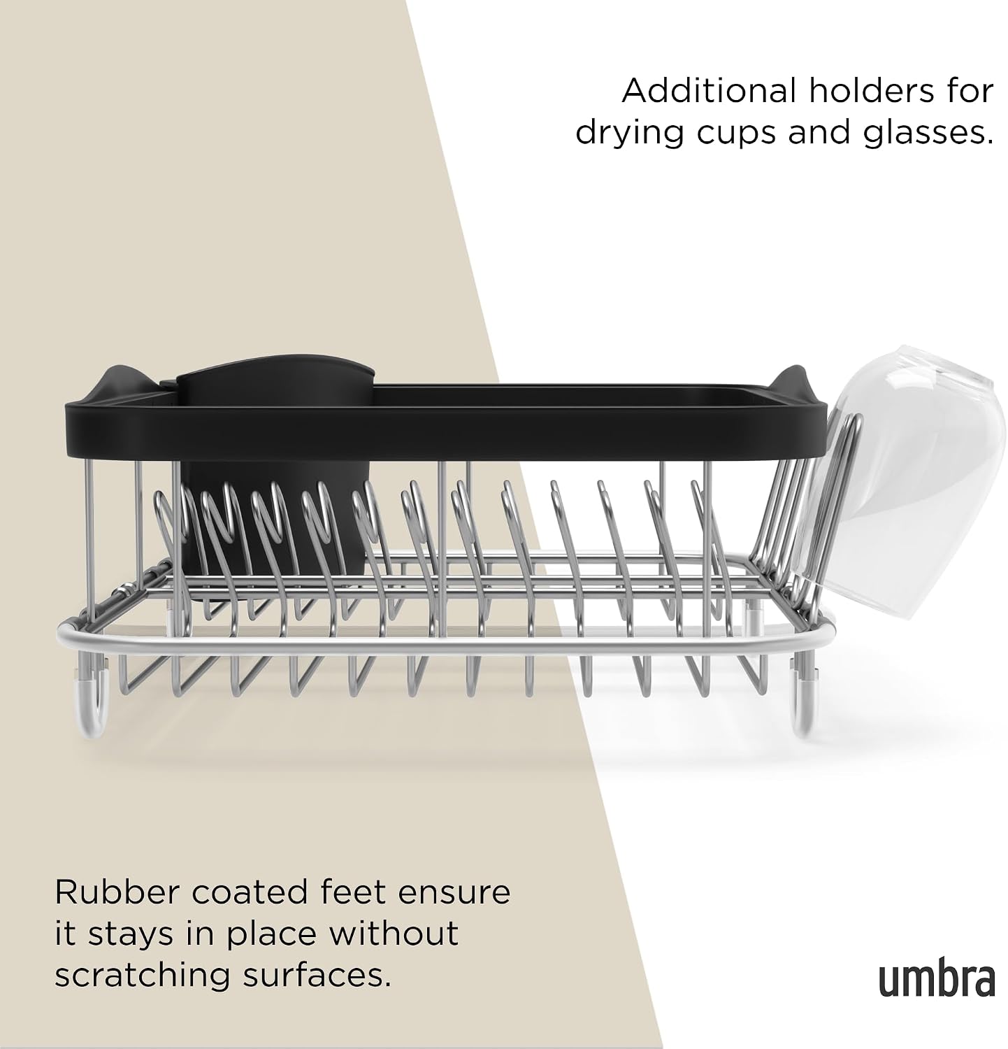 Umbra Sinkin Dish Drying Rack, in Sink or Countertop Drainer, Black/Nickel | Removable utensil holder, non slip rubber feet, fits standard sizes, coated wire and plastic