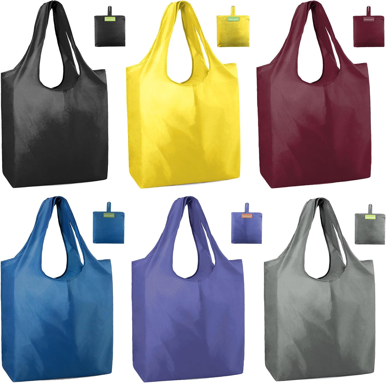 BeeGreen Grocery Bags | Reusable Gift Bags, Large Tote for Women & Foldable Beach Bag - 6 Pack Reusable Bag With Handles | Collapsible Cute Cloth Storage for Market, Holiday & Shopping | Washable​
