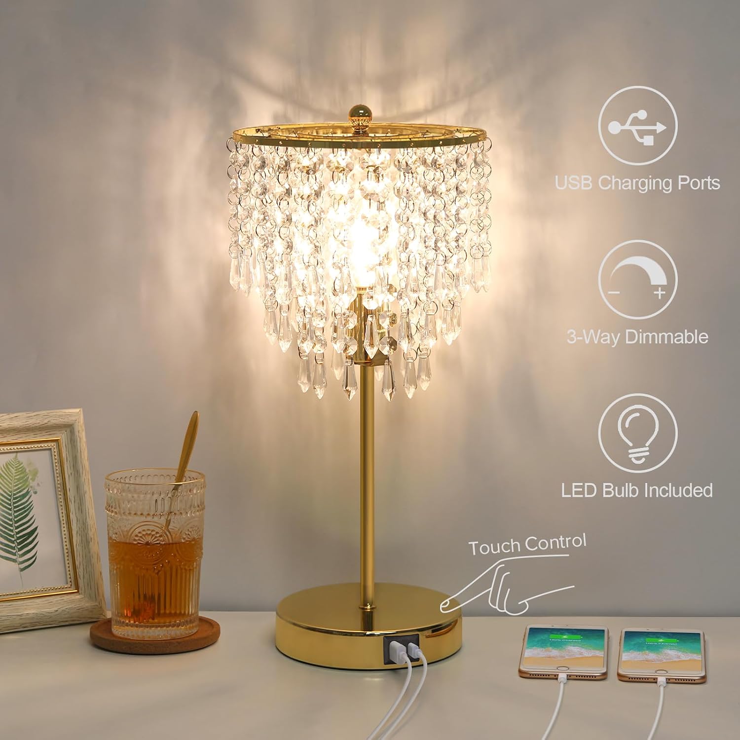 Touch Control Crystal Table Lamp with USB C+A Charging Ports, 3-Way Dimmable Bedside Touch Lamp Decorative Nightstand Lamp with Elegant Lampshade for Living Room Bedroom, B11 LED Bulb Included