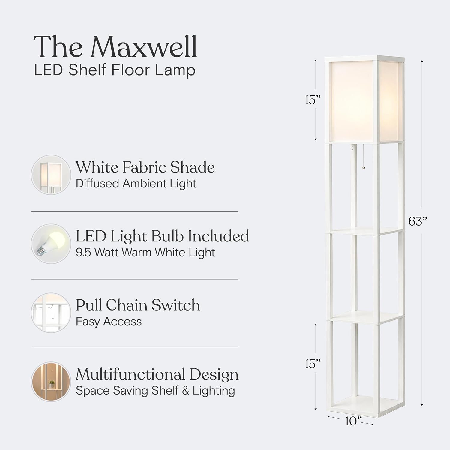 Brightech Maxwell - Modern Shelf Floor Lamp with Lamp Shade & Warm White LED Bulb, Corner Display Floor Lamp with Shelves for Living Room, Bedroom, Nightstand Office, Home Decor Storage - Natural Wood