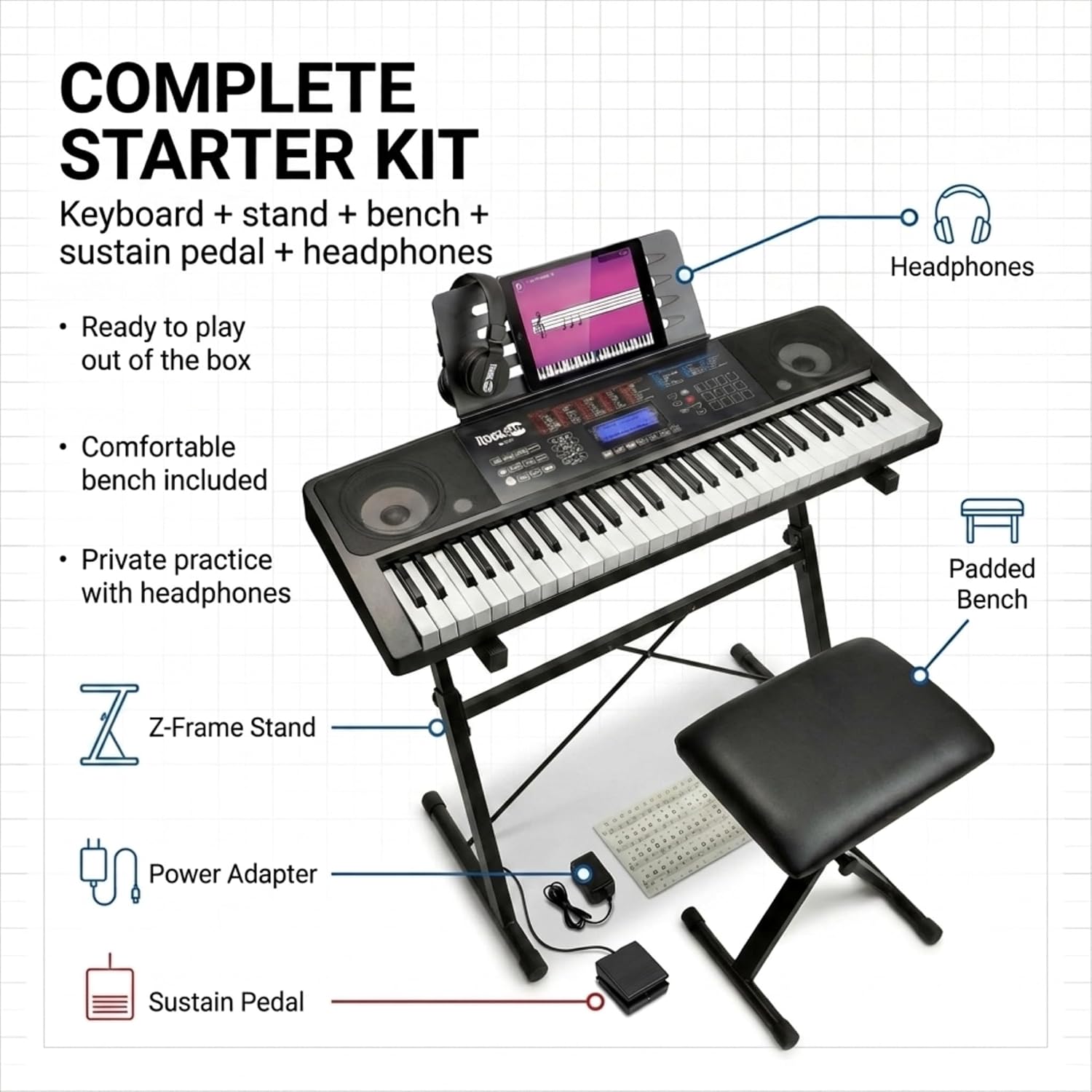 RockJam RJ561 61 Key Keyboard Piano Kit with Stand, Stool & Headphones