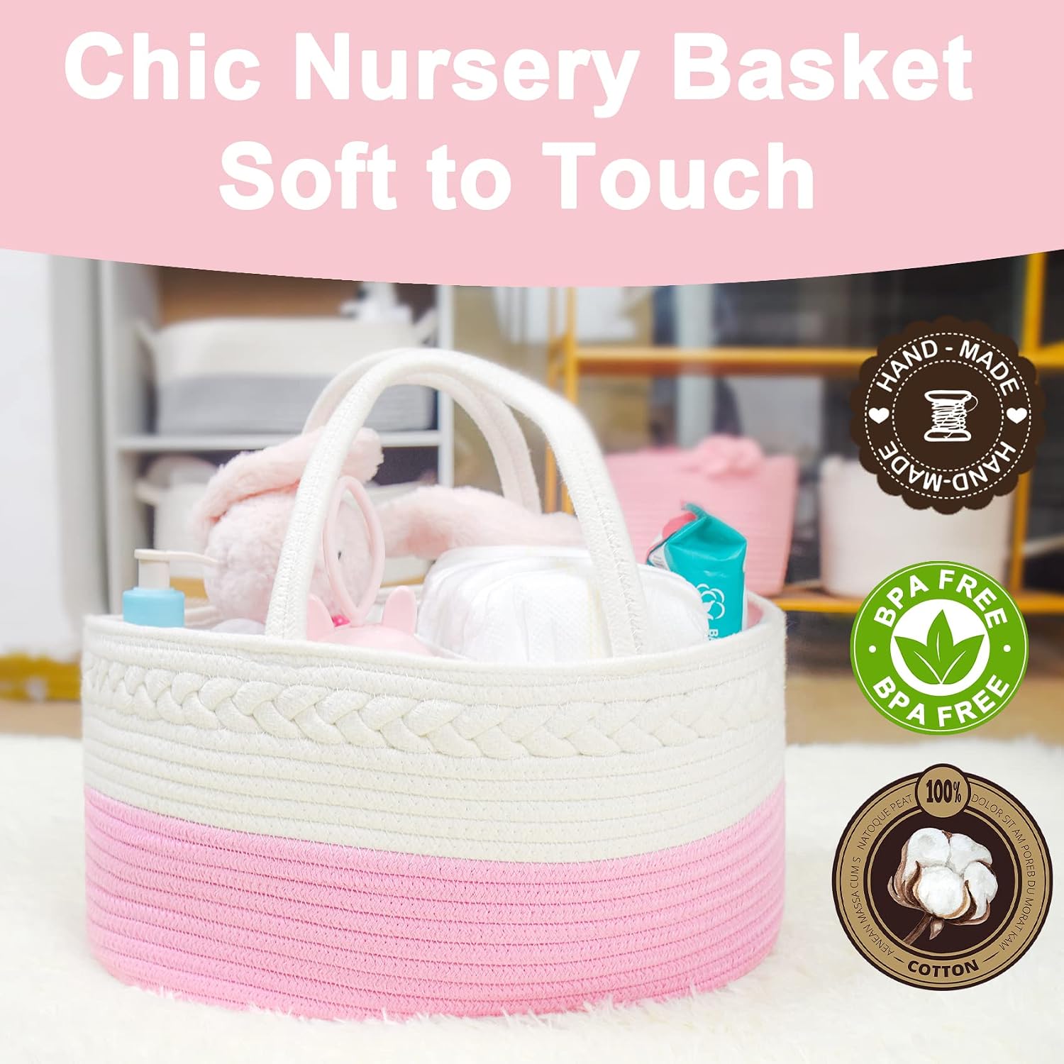 ABenkle Baby Diaper Caddy, Nursery Storage Bin and Car Organizer for Diapers and Baby Wipes, Cotton Rope Diaper Basket Caddy