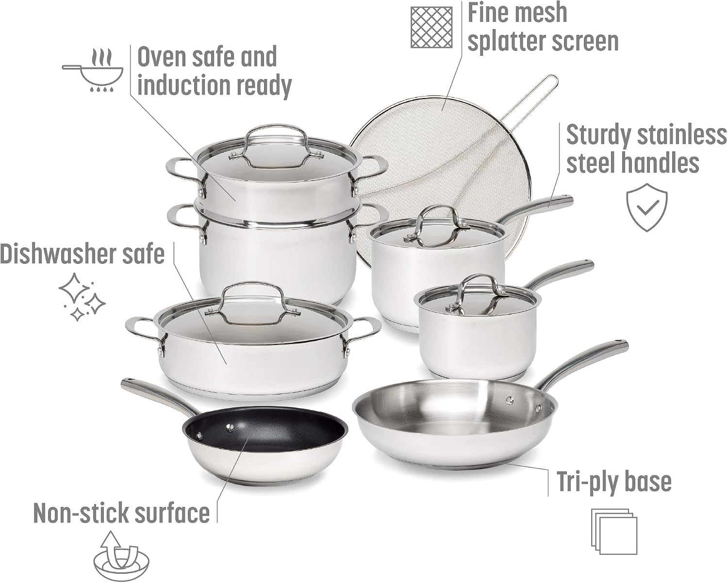 Goodful 12-Piece Classic Stainless Steel Cookware Set with Tri-Ply Base for Even Heating, Durable, Impact Bonded Pots and Pans