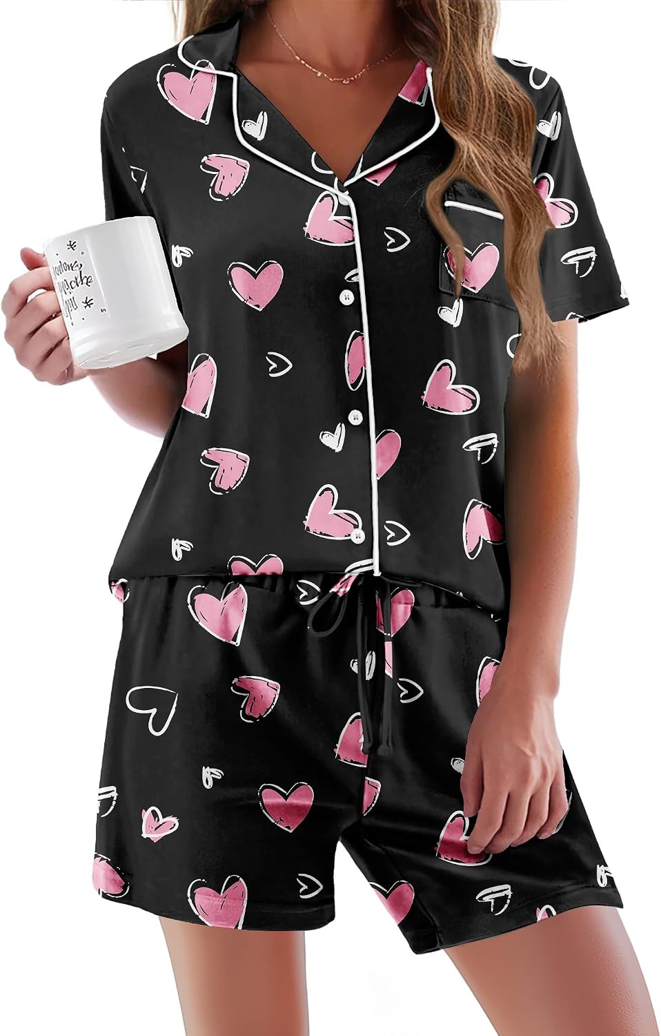 Ekouaer Pajamas Set for Women Short Sleeve Sleepwear Button Down Pj XS-XXXL | Summer 2 Piece Lounge Set, Soft Fabric, Drawstring Waistband, for Bridesmaid Bride Party, Plus Size, Petite, Cute Pattern