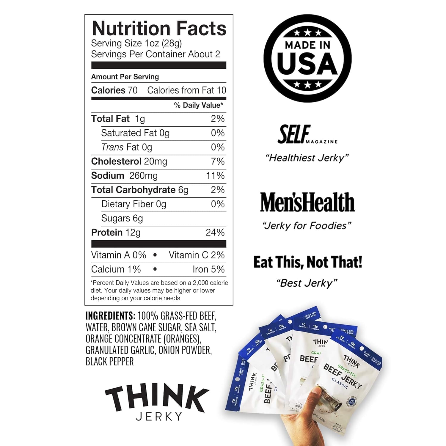 Think Jerky Sesame Teriyaki Beef Jerky, Grass-Fed High Protein Beef Jerky, Gluten Free, No Antibiotics or Nitrates, Healthy Chef Crafted Recipe, Low Calorie and Low Fat - 2.2 oz Bags, 4 Pack