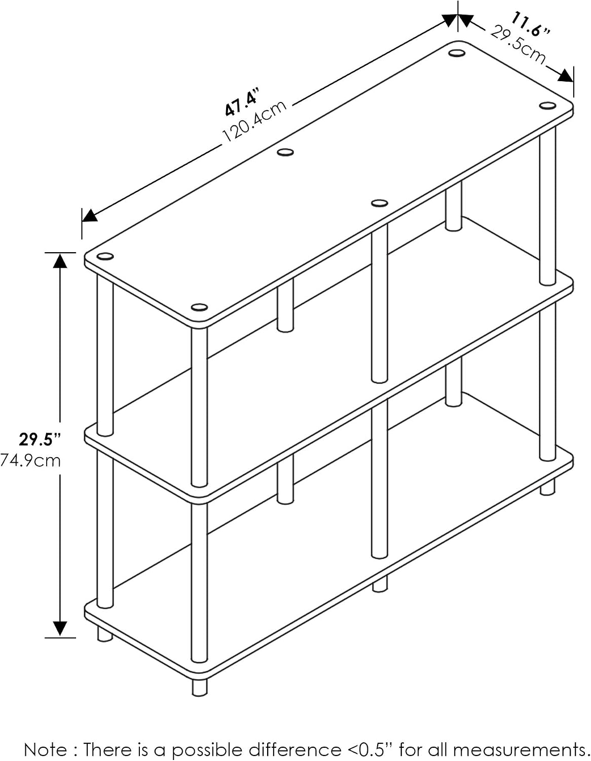 Furinno TURN-N-TUBE Storage Shelves, 3-Tier 47.4 Wide Book Shelf, Corner Shelf, Toolless Open Shelves, for Organization and Storage, Living Room, Garage, Home Office, Black