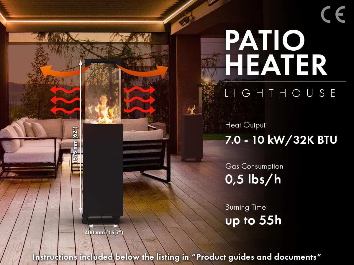 Planika Faro 41, 000 BTU Propane Patio Heater 59" Modern Freestanding Glass Tower with Wheels, Smokeless 360° Flame
