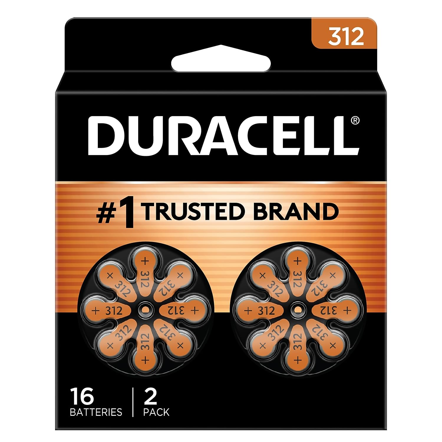 Duracell Hearing Aid Batteries Size 312, Brown, 16 Count (Pack of 1), Long-lasting Power, Extra-long EasyTab Install