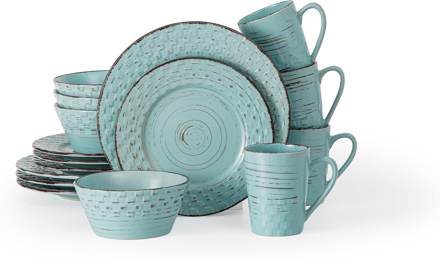 Lorren Home Trends Distressed Weave Dinnerware Set, Buttercup, 16 Piece | Service for 4