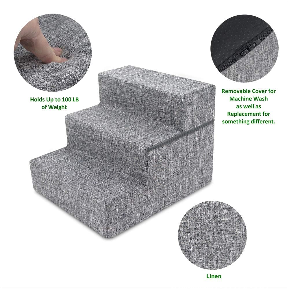 Best Pet Supplies Non-Slip Foam Dog Stair & Pet Ramp, Balanced Indoor Step Support - Foldable Stair, Ash Gray Linen,3-Step