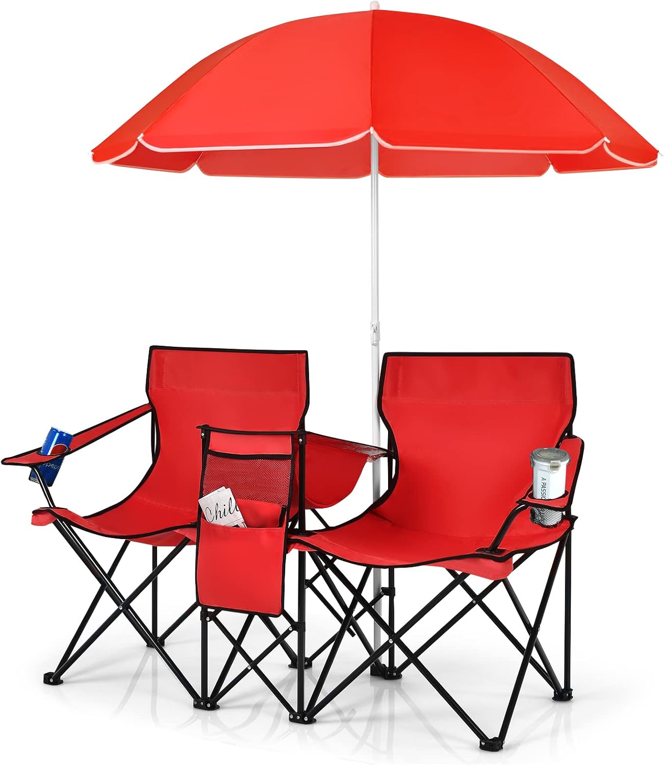 COSTWAY Double Portable Picnic Chairs, Folding Camping Chairs w/Detachable Umbrella, Cooler Bag, Cup Holders, Patio Beach Camping Chairs for Outdoors, Blue | Detachable Umbrella, Cooler Bag, Cup Holders, Patio Beach Camping Chairs for Outdoors, Blue