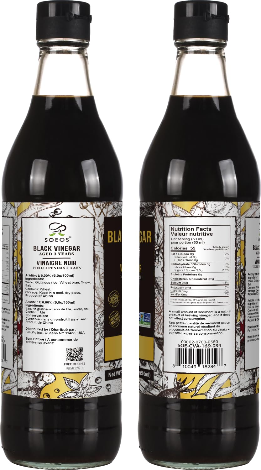 Soeos Chinkiang Vinegar, 16.9 fl oz (500ml), 3 Years Aged Black Vinegar | Chinese Black Vinegar, Zhenjiang Vinegar, Black Rice Vinegar