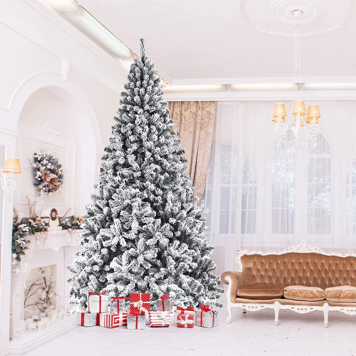 ReunionG 7.5FT Snow Christmas Tree, Artificial Flocked Hinged Pine Tree, Holiday Decoration Tree with Premium PVC Needles and Solid Metal Stand