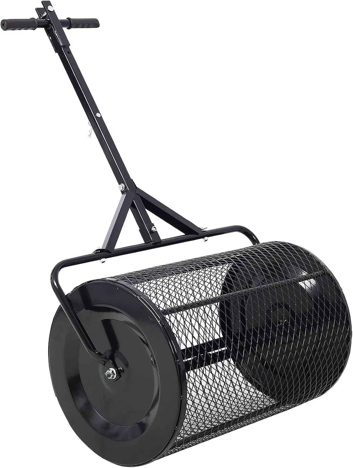 Compost Spreader - 24'' Peat Moss Spreader Manure Spreaders Roller with Adjustable T Shaped Handle Lightweight Metal Mesh Spreader for Lawn Garden Spreading Manure Topsoil, Black 0.5" x 1" Open Slits