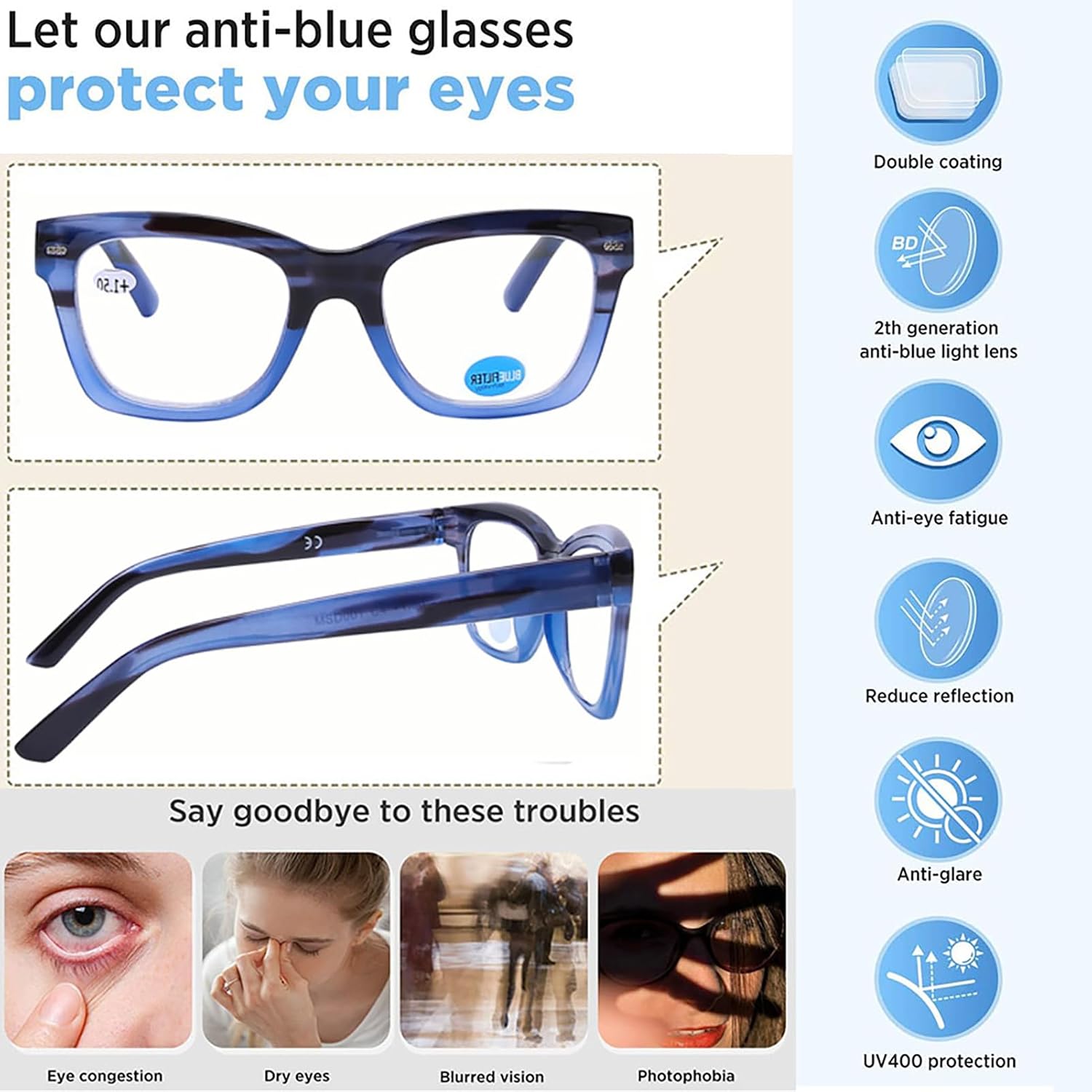 AQWANO Oversized Computer Reading Glasses Blue Light Blocking, 4 Pairs Stylish Fashion Design Anti UV Ray/Eye Strain/Glare Readers Men Women, 1.5