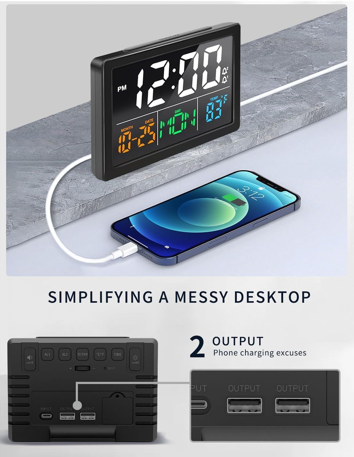 JALL Digital Clock with Date Day for Seniors, Electric Alarm Clocks for Bedrooms with Temperature, 2 Alarms, Dimmer, Dual USB Charger, Battery Backup