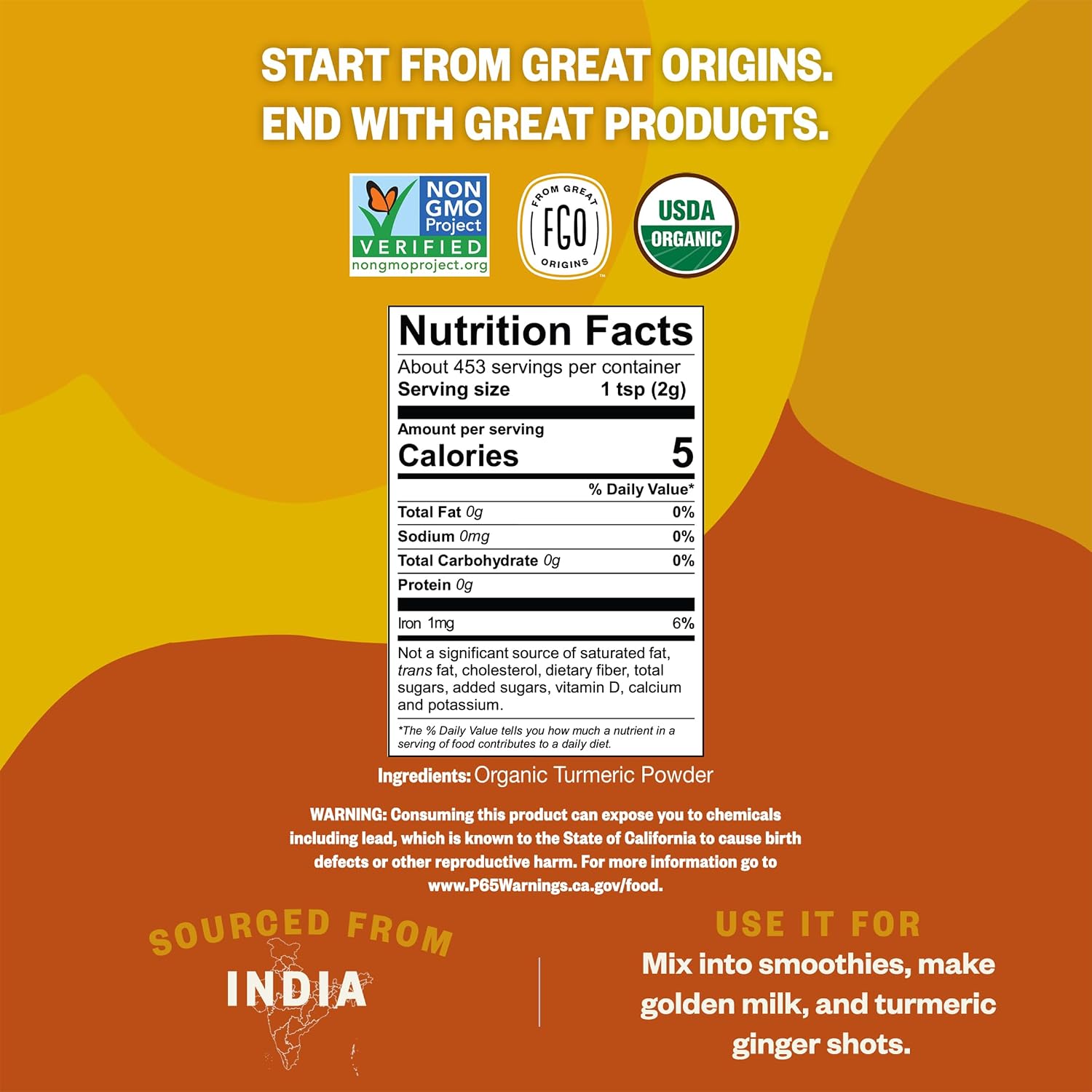 FGO Organic Turmeric Powder w/Curcumin, 8oz Resealable Pouch, USDA Organic and Non-GMO, Sourced from India, Packaging May Vary (Pack of 1)