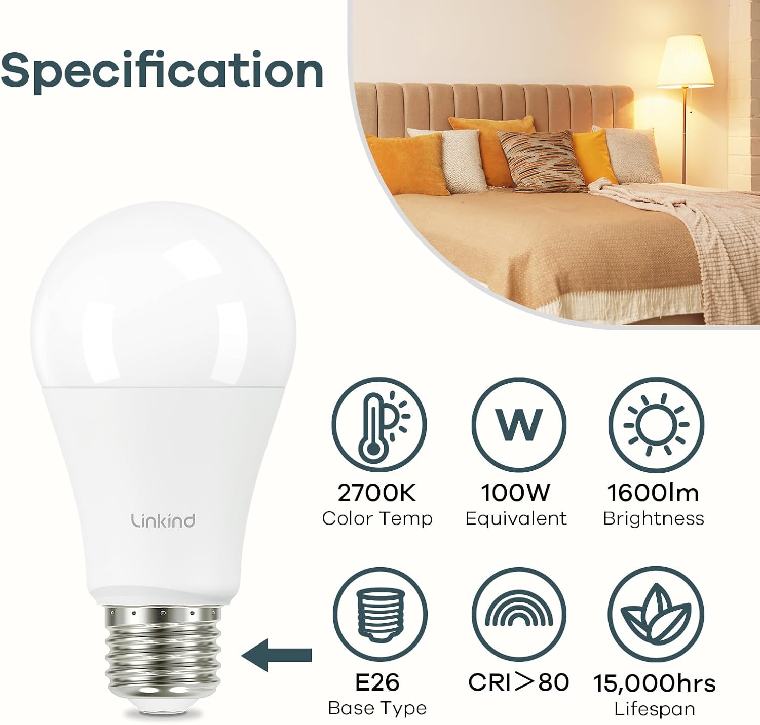 Linkind A19 LED Light Bulbs, 100 Watt Equivalent, 2700K Soft White 6 Packs