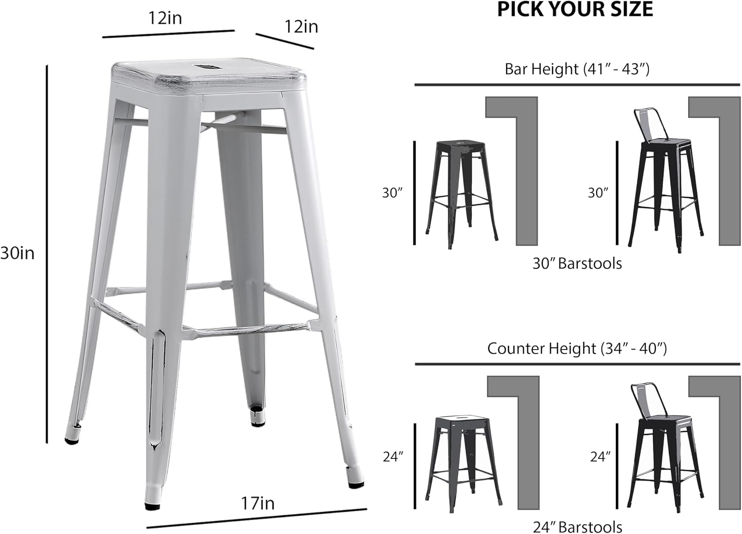 AC Pacific 30” Metal Barstool Set of 2 – Country Rustic Style with Low Back, Lightweight & Sturdy Build, Easy Assembly – Matte Black