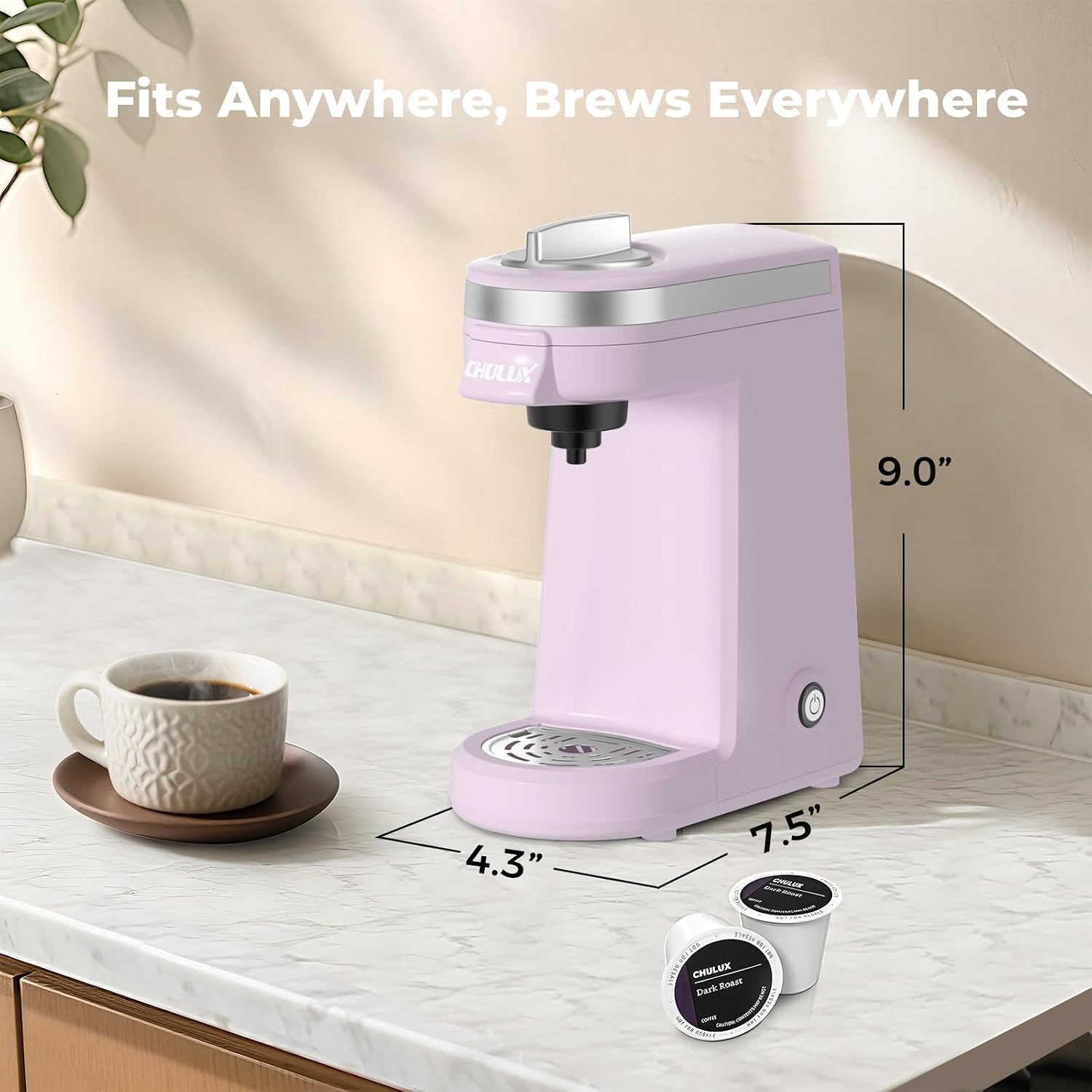 CHULUX Mini Single Serve Coffee Maker for K Pod, Brew Up to 12oz Cup, Black | Fast-Heating Boiler System, Single Cup Brewing, Portable Compact Design, Four-Hole Multi-Stream Needle, Adjustable Drip Tray