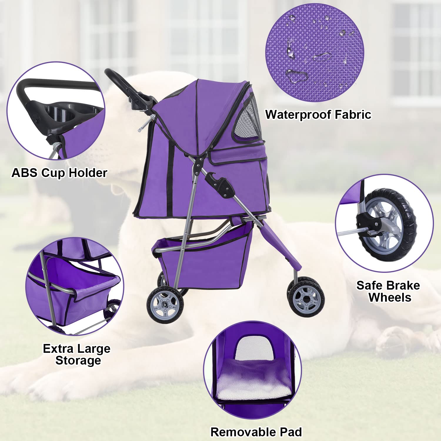 BestPet | 4-Wheel Foldable Pet Stroller | Black | Lightweight & Portable | Travel Carrier with Mesh Windows, Storage Basket, Cup Holder, Safety Brakes, and Waterproof Fabric | For Small Dogs and Cats