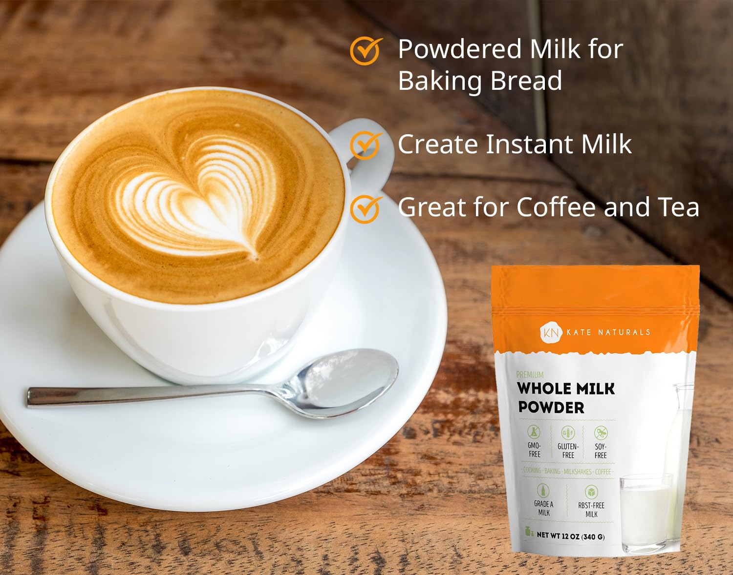 Kate Naturals Dry Whole Milk Powder for Baking, Coffee & Milkshakes (12oz)