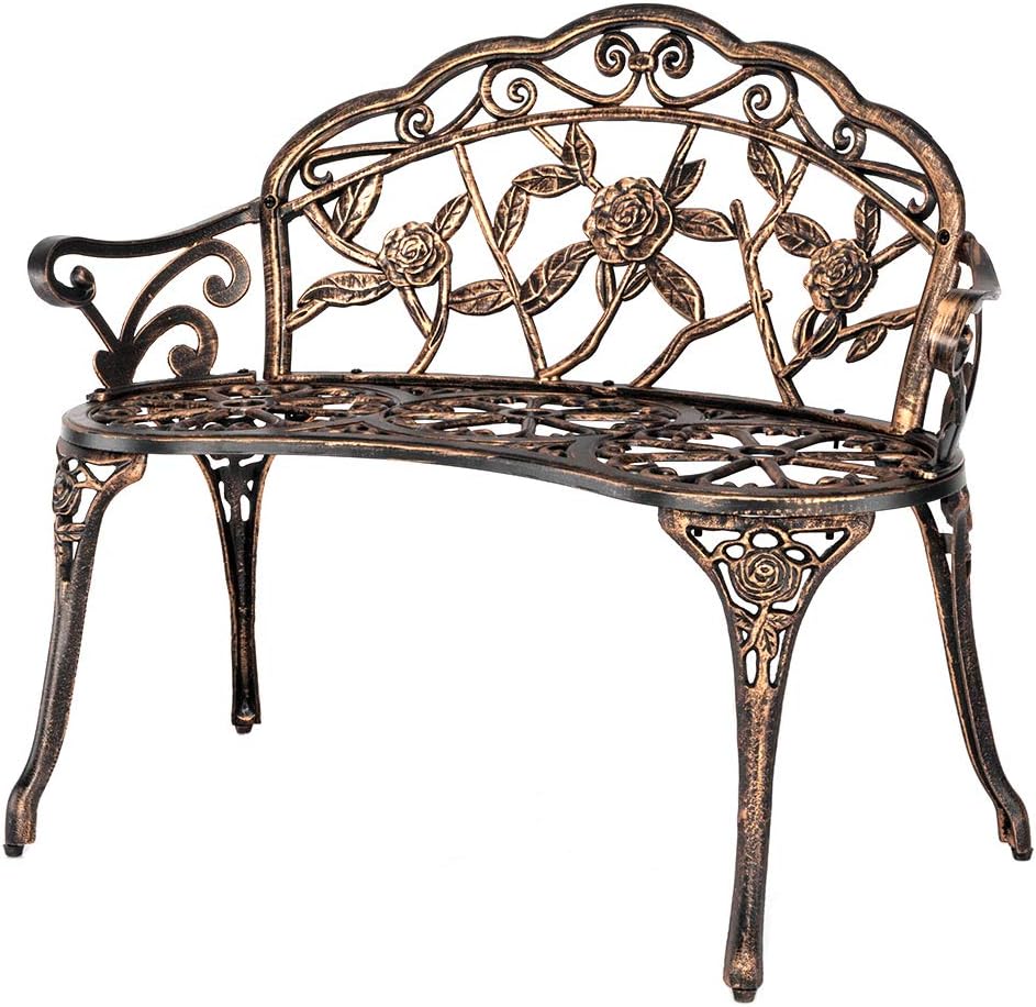VINGLI 38.5" Patio Park Garden Outdoor Metal Rose Bench, 2-Person Cast Iron Cast Aluminium Frame Antique Finish Chair,Accented Lawn Front Porch Path Yard Decor Deck Furniture (Bronze, Rose)