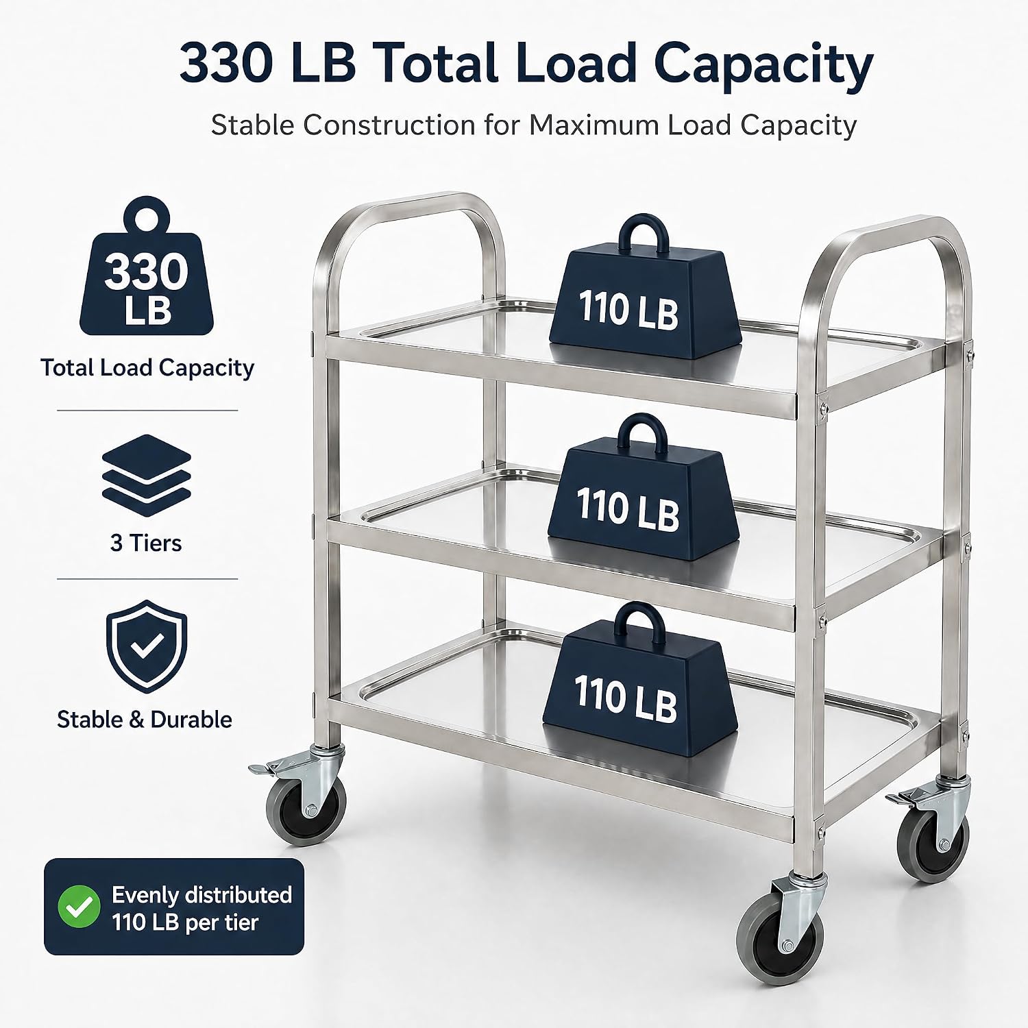 Metal 3 Tier Utility Cart Kitchen Trolley Catering Storage Cart with Universal Wheels Easy to Assemble& Move for Kitchen Restaurant Hotel Cafe Home