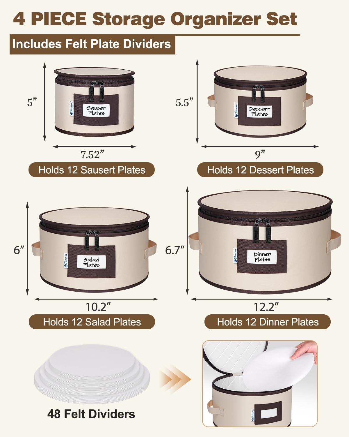 China Storage Containers, 4-Pack Hard Shell Plate & Dish Cases for Moving | Padded dividers and quilted lining protect plates and dishes; stackable for moving and holiday storage, beige hold set of 12