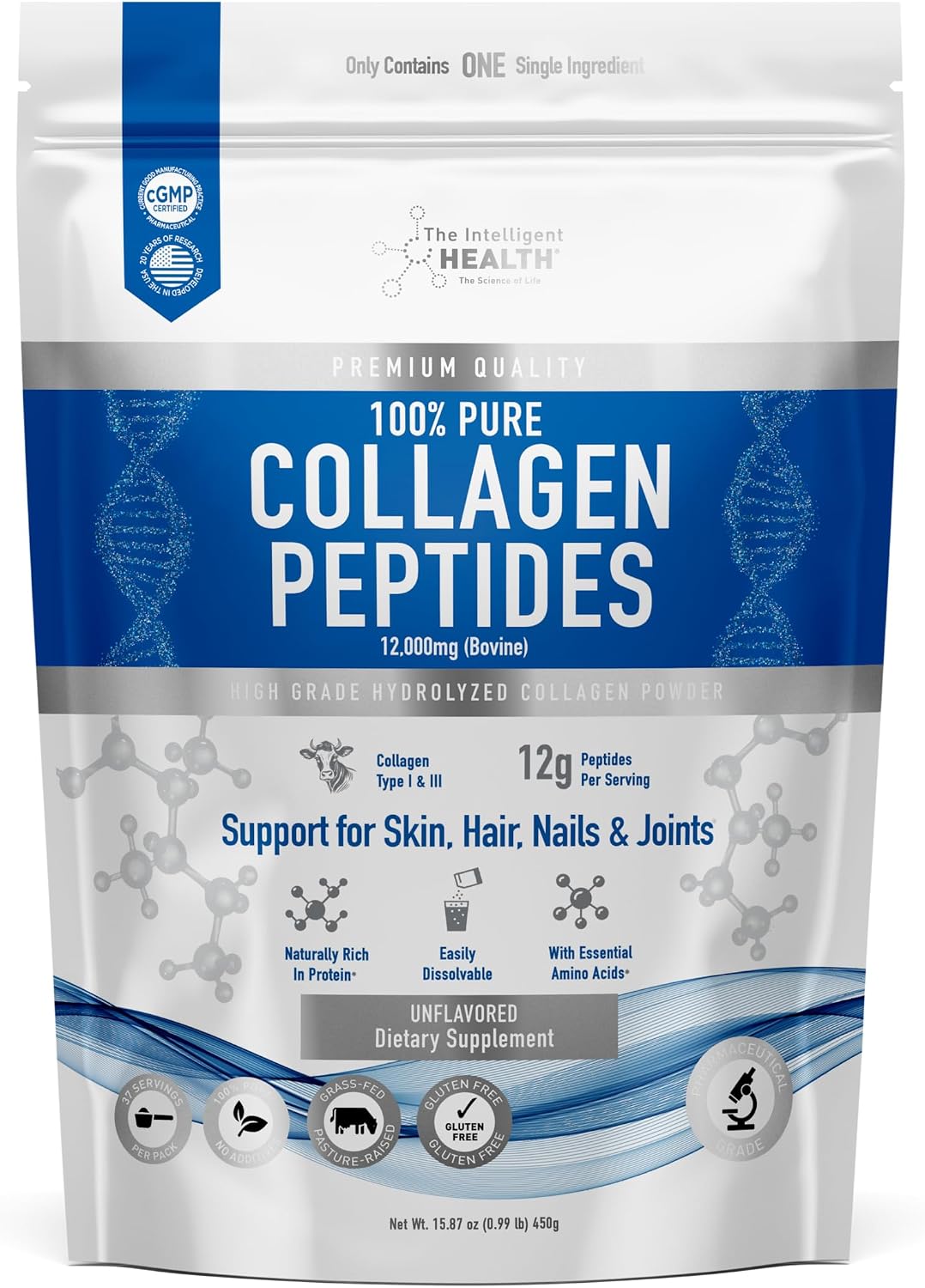 Collagen Peptides Powder, Hydrolyzed Collagen, Type I & III, 45 Servings | Grass Fed, Unflavored, Gluten Free, Keto/Paleo, Skin Support, Hair, Nail, Joints, 10g Servings, 15.9 Oz