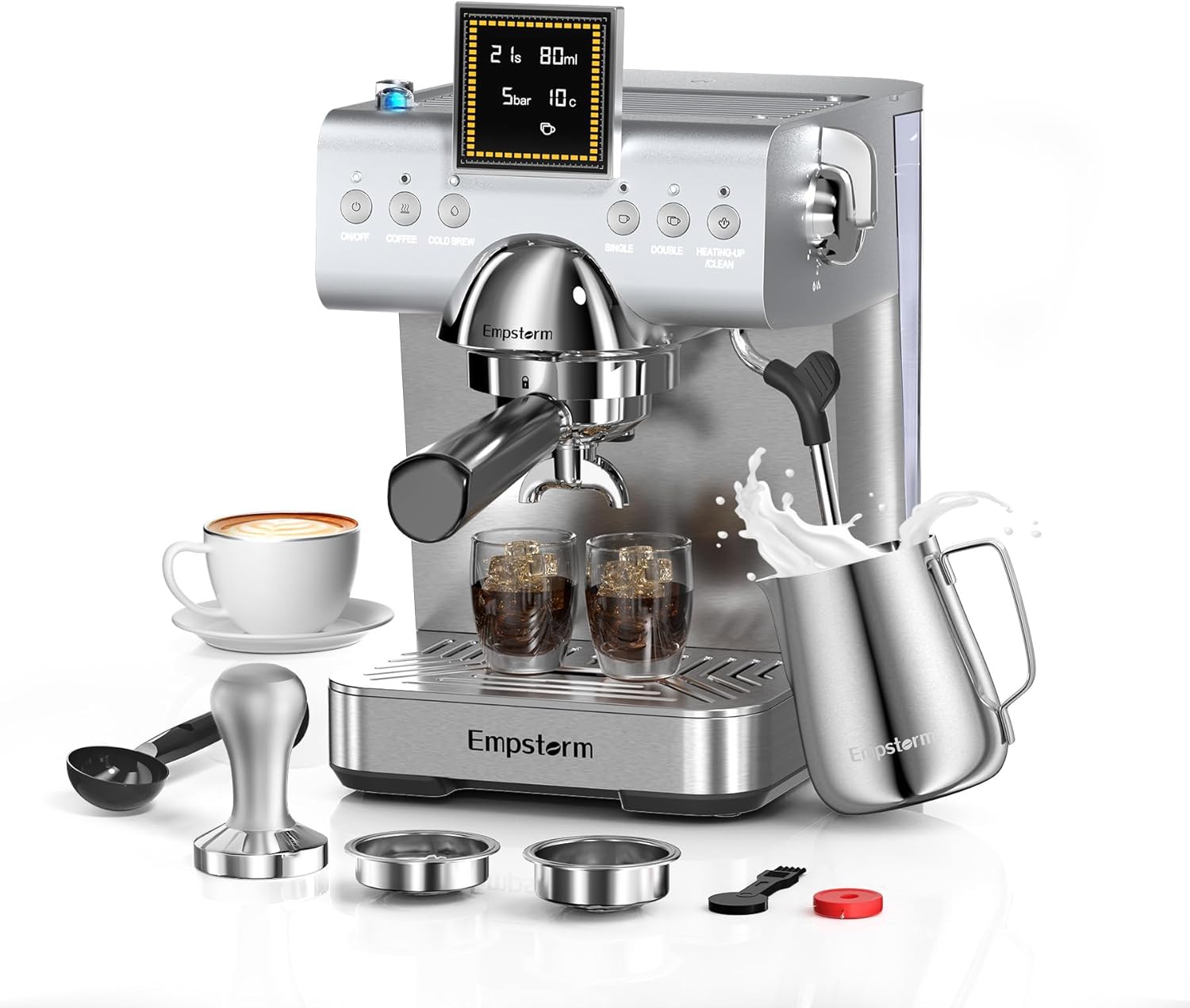 Empstorm CB2 20 Bar Espresso Machine with Milk Frother Steam 1350W Silver | LED Display Compact Espresso maker Cold Brew& Hot Coffee Maker