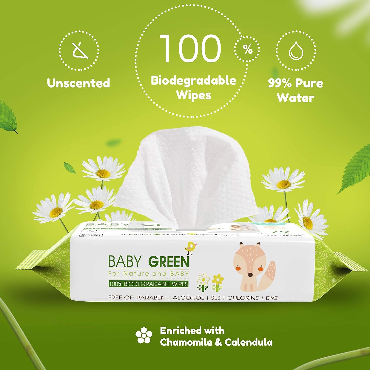 Yugi Green Baby Wipes for Babies Unscented, Made with Renewable Plant Fibers, Plant-Based, Fragrance-Free, for Sensitive Skin, 12 Packs, 72 Count