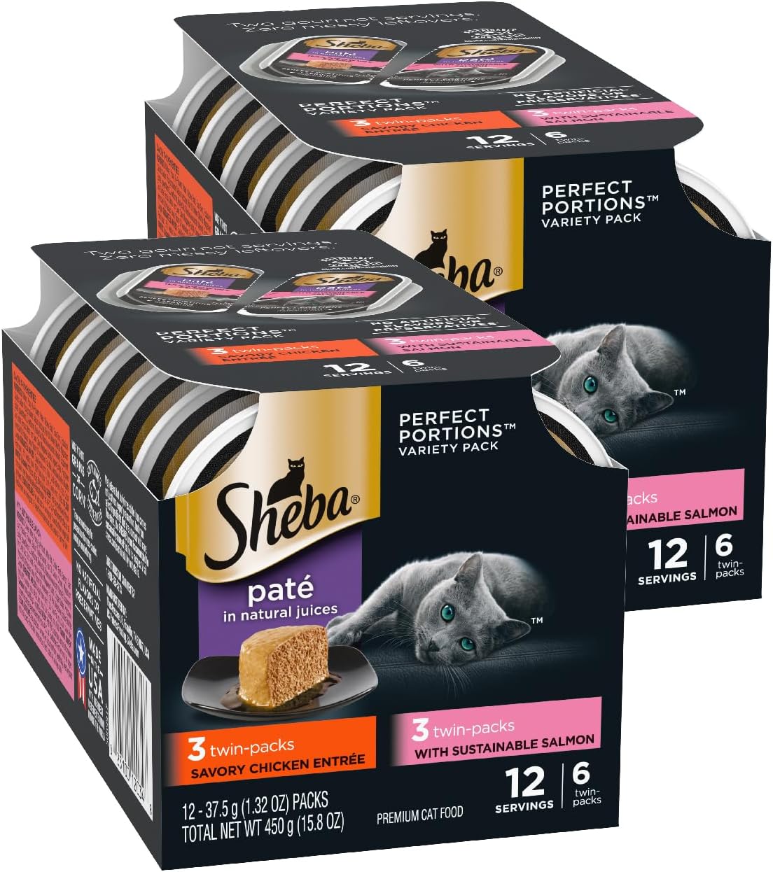 Sheba Perfect Portions Pate Wet Cat Food, Seafood Pack, 2.6 oz, 12 ct, 2pk | Grain-free, made in USA, Salmon & Whitefish-Tuna, 48 servings total, sustainable seafood, twin-pack trays