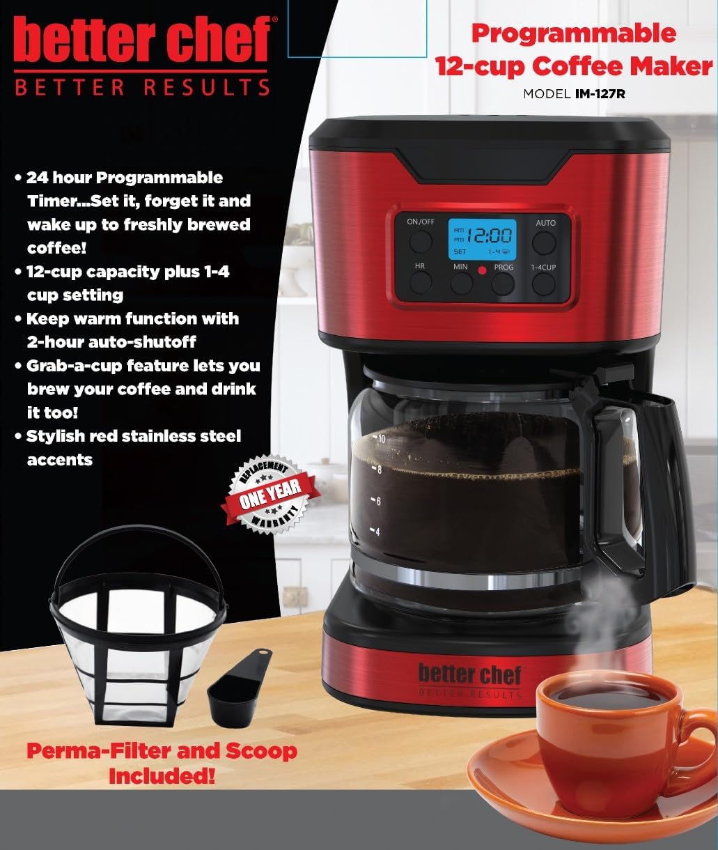 Better Chef Programmable 12-Cup Coffee Maker | 1-4 Cup Setting | Auto-Pause to Serve | 2hr Keep Warm | Perma-Filter | Stainless (Red)