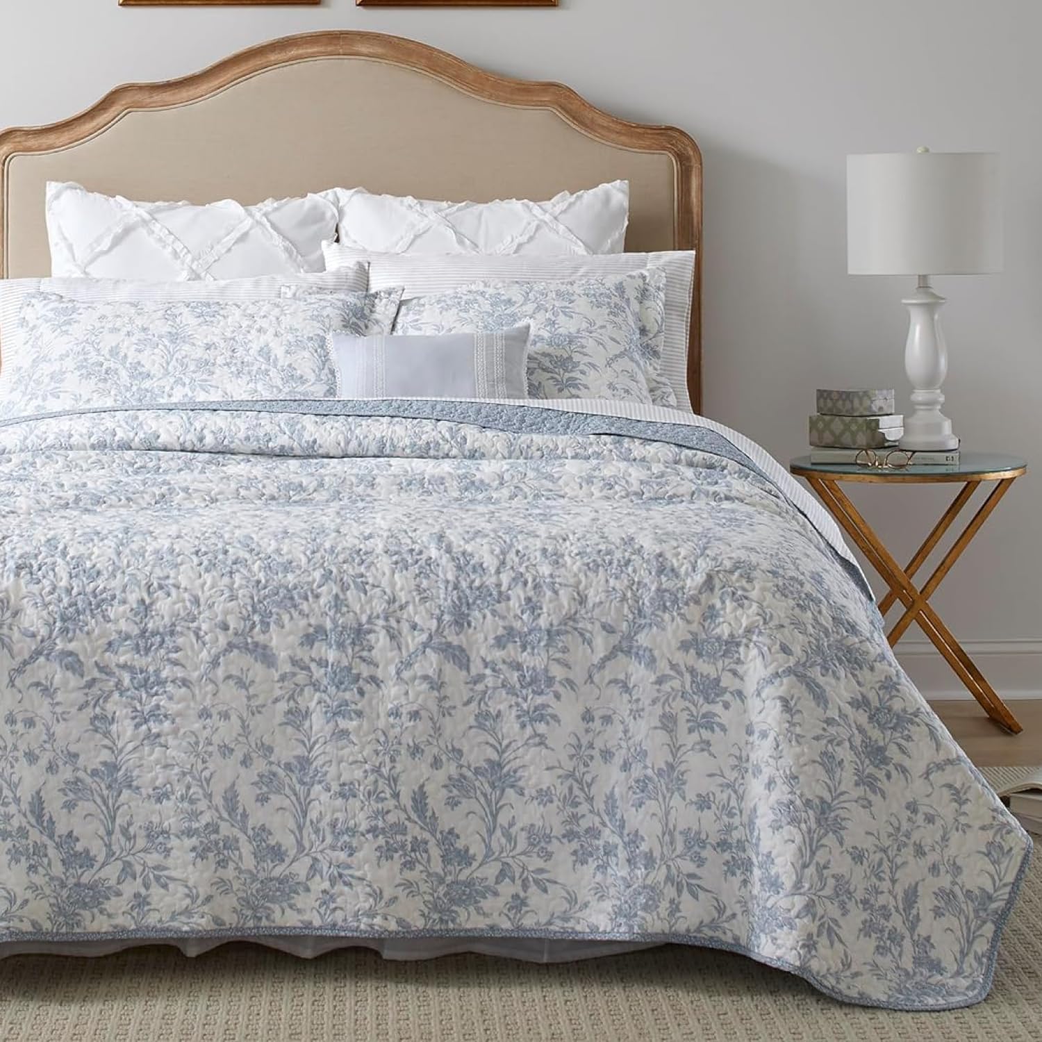 Laura Ashley – Queen Quilt Set, Soft & Lightweight Toile Bedding with Matching Shams, Reversible Floral Room Decor, College Dorm Room Essentials (Amberley Blue)
