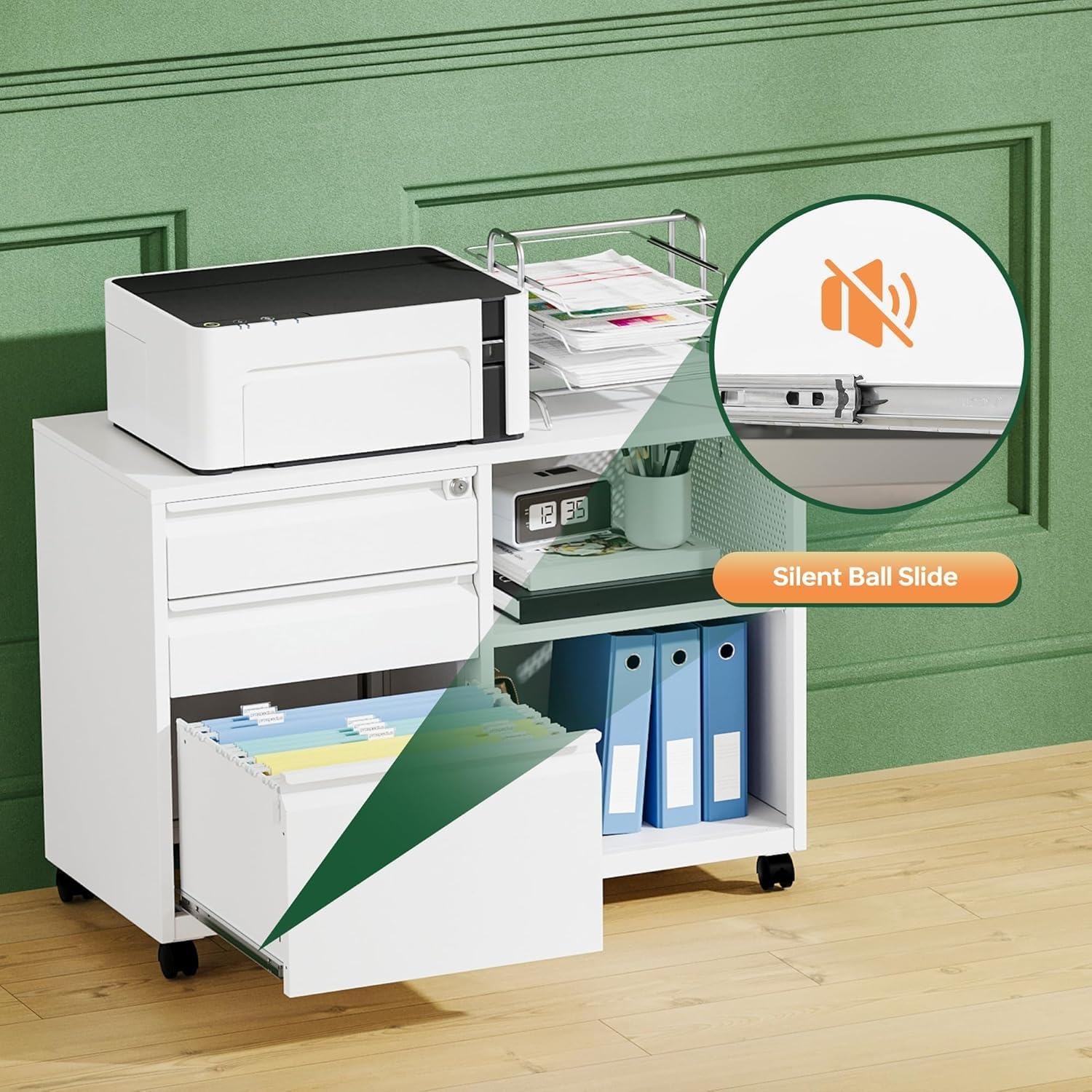 Mobile 3 Drawer File Cabinet with Lock-Metal Lateral Rolling Printer Stand Filing Cabinets for Home Office-Storage A4/F4/Letter (White)