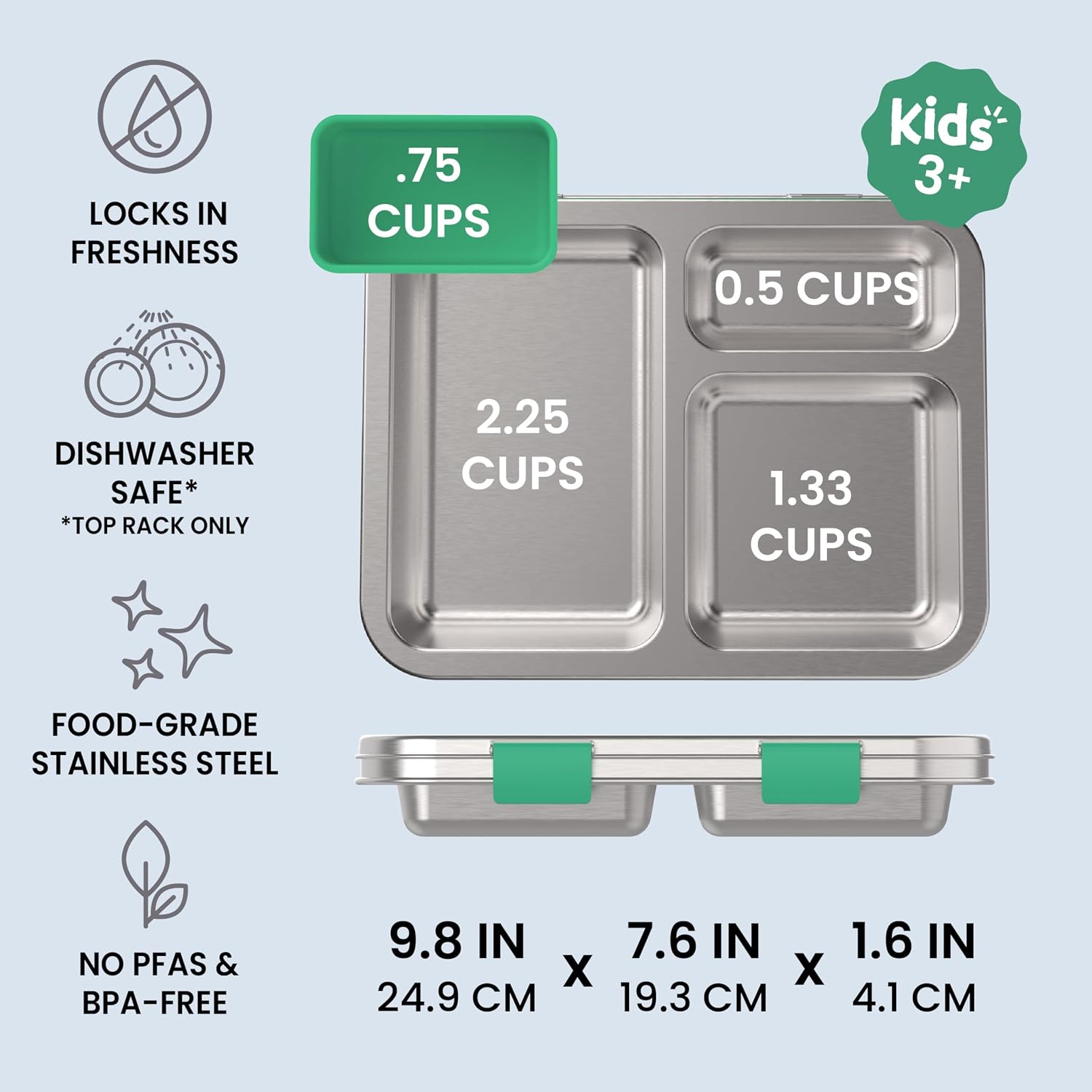 Bentgo Kids Stainless Steel Leak-Resistant Lunch Box, 3 Compartments