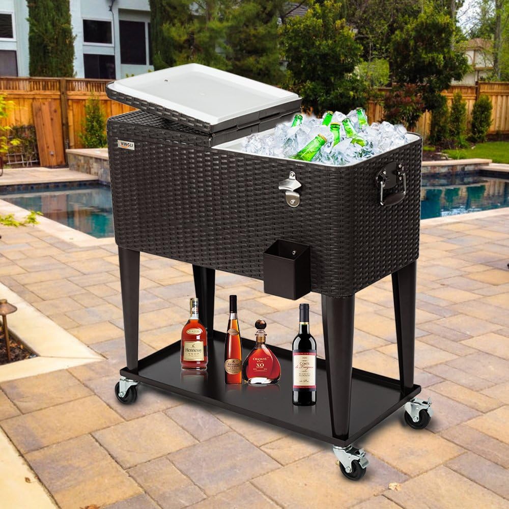 VINGLI 80 Quart Rolling Ice Chest, Portable Patio Party Bar Drink Cooler Cart, with Shelf, Beverage Pool with Bottle Opener (Brown)