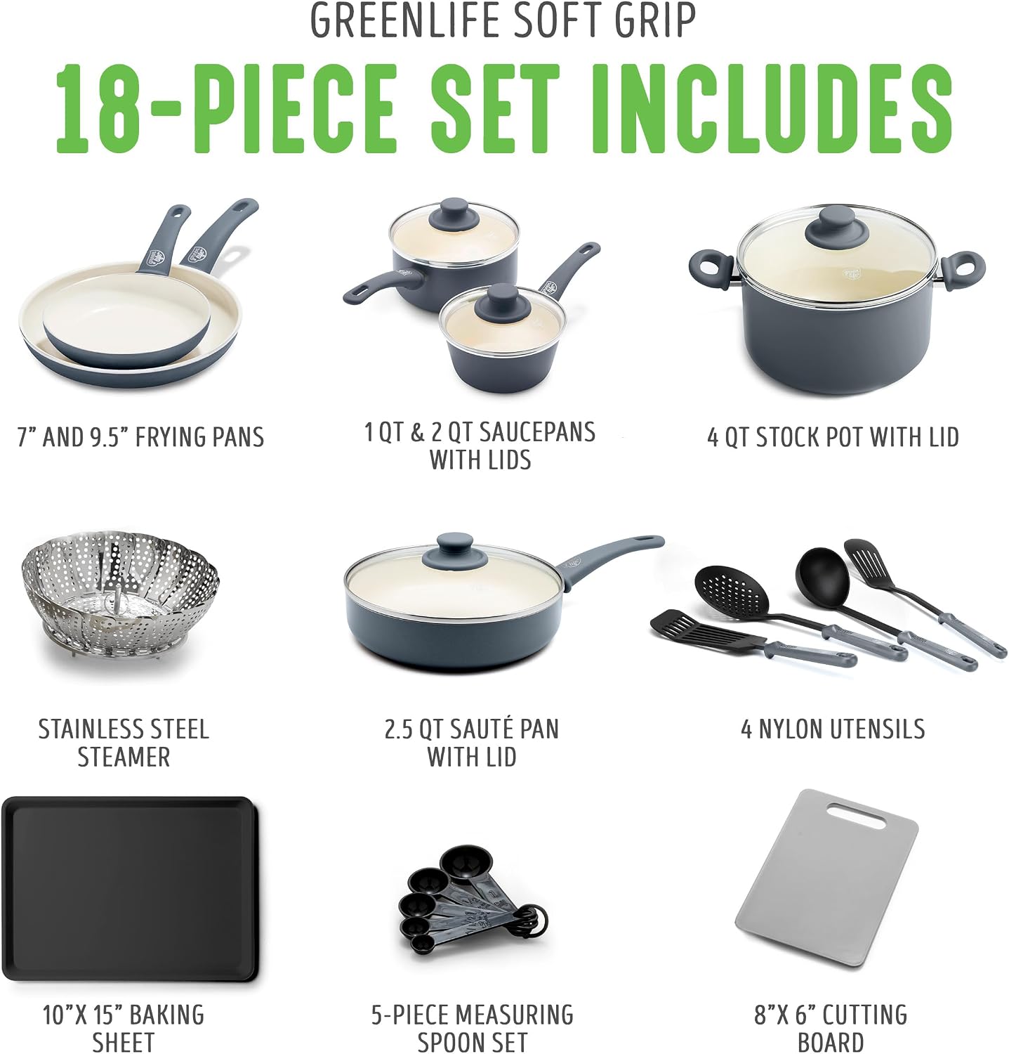 GreenLife Soft Grip Healthy Ceramic Nonstick, 15 Piece Cookware Pots and Pans Set, Induction, PFAS-Free, Dishwasher Safe, Turquoise