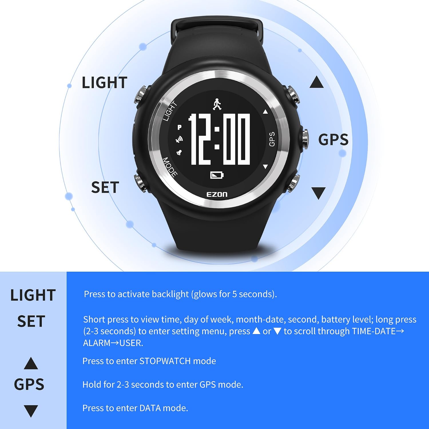 EZON GPS Running Watch with Speed Distance Pace Alarm and Calorie Counter and Stopwatch for Men T031 Black