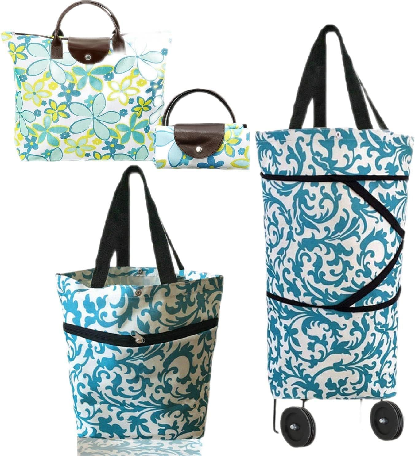 Collapsible Shopping Bag with Wheels Portable Shopping Cart with 360° Swivel Wheels Rolling Tote Bag Reusable Grocery Bag Trolley Bag on Wheels for Travel Shopping and Daily Use(Blue)