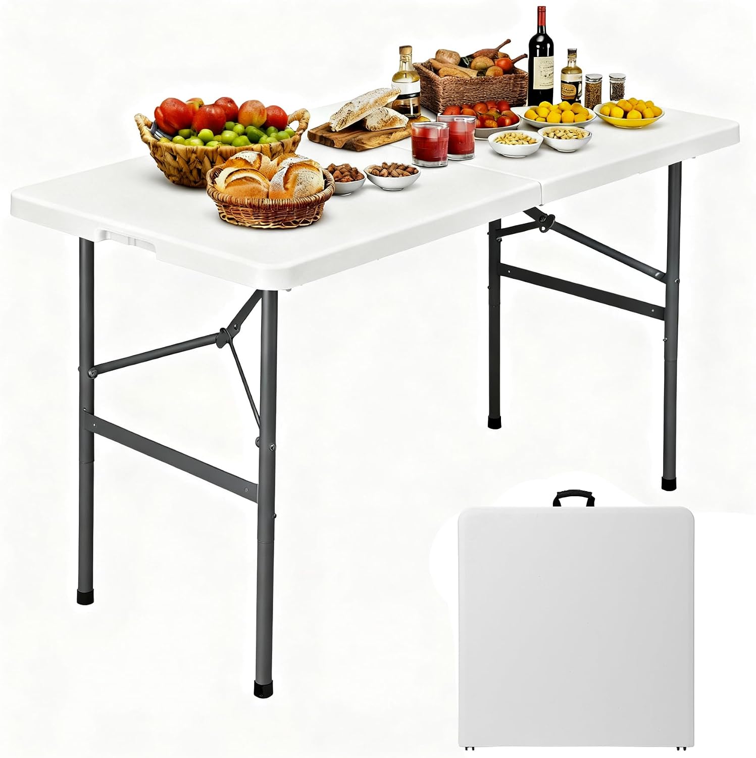 ZenStyle 6 ft Indoor Outdoor Heavy Duty Plastic Folding Table Portable Picnic Table Fold-in-Half Utility Table w/Handle and Steel Legs for Camping