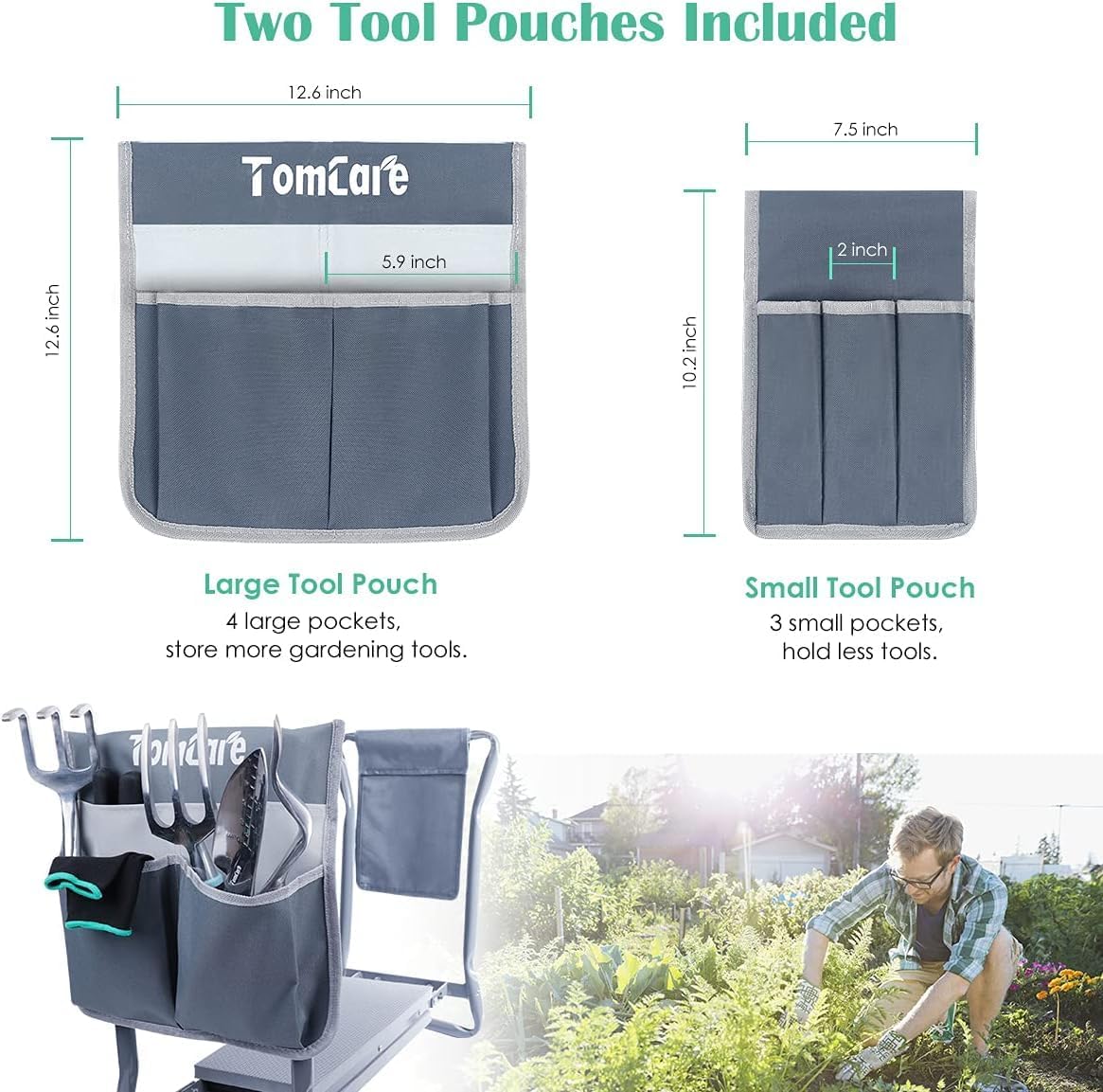 TomCare Garden Kneeler and Seat, 11.12" Kneeling Pad Sturdy Garden Bench | Heavy Duty Garden Stool, 450 lbs Load Capacity, 2 Tool Pouches, Foldable Design, Gardening Gift for Women, Men and Gardeners