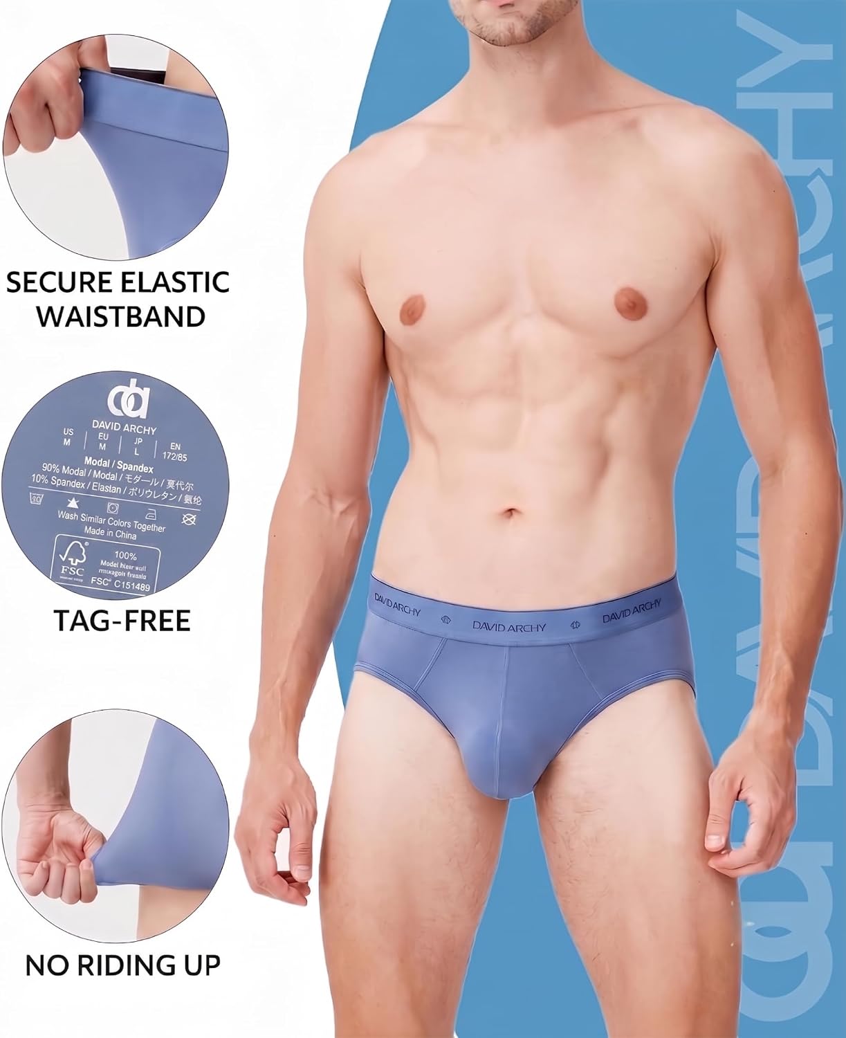 DAVID ARCHY Men's Soft Modal Dual Pouch Support Briefs 4 or 7 Pack | Breathable moisture-wicking fabric offers flexible elastic waistbands, chafe-free design for daily active movement.