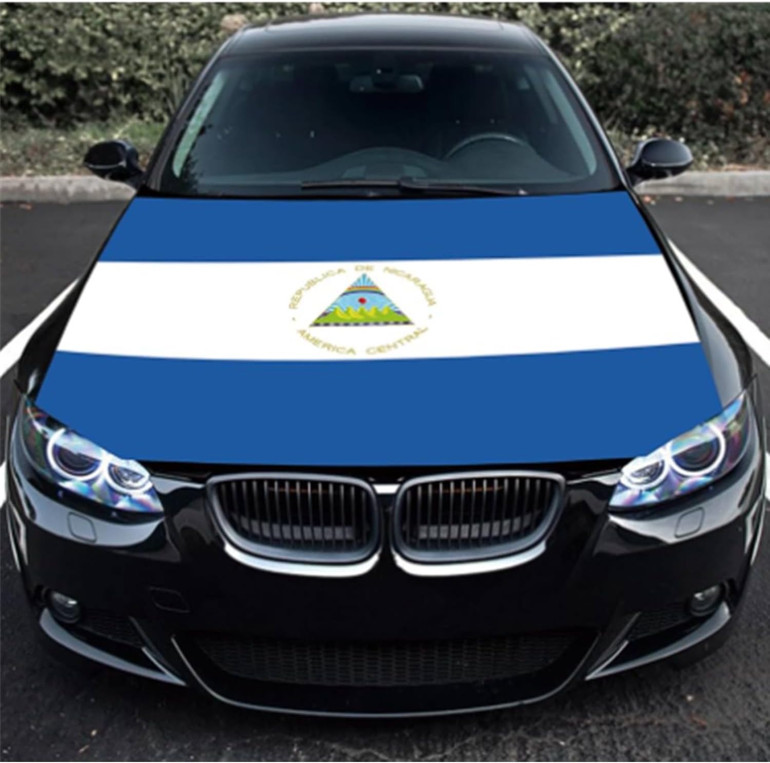 Nicaragua Car Hood Cover, Flag 4x5ft Car Bonnet Banner, Universal Fit, Elastic Polyester, Stretchable, Patriotic Automotive Hood Covers, Patriot Gifts