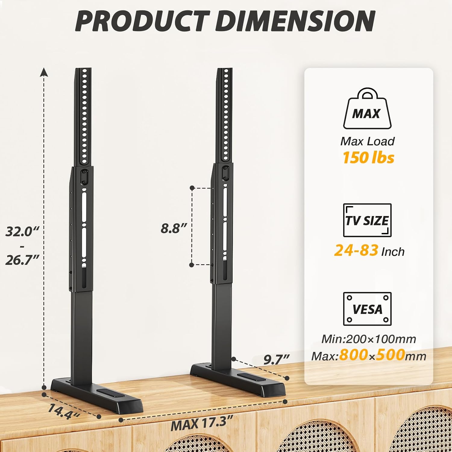 TAVR Universal Table Top TV Stand for 27-65 inch TVs Holds up to 88 lbs | Height Adjustable TV Legs, Strong TV Base, Max VESA 800x500mm, Black