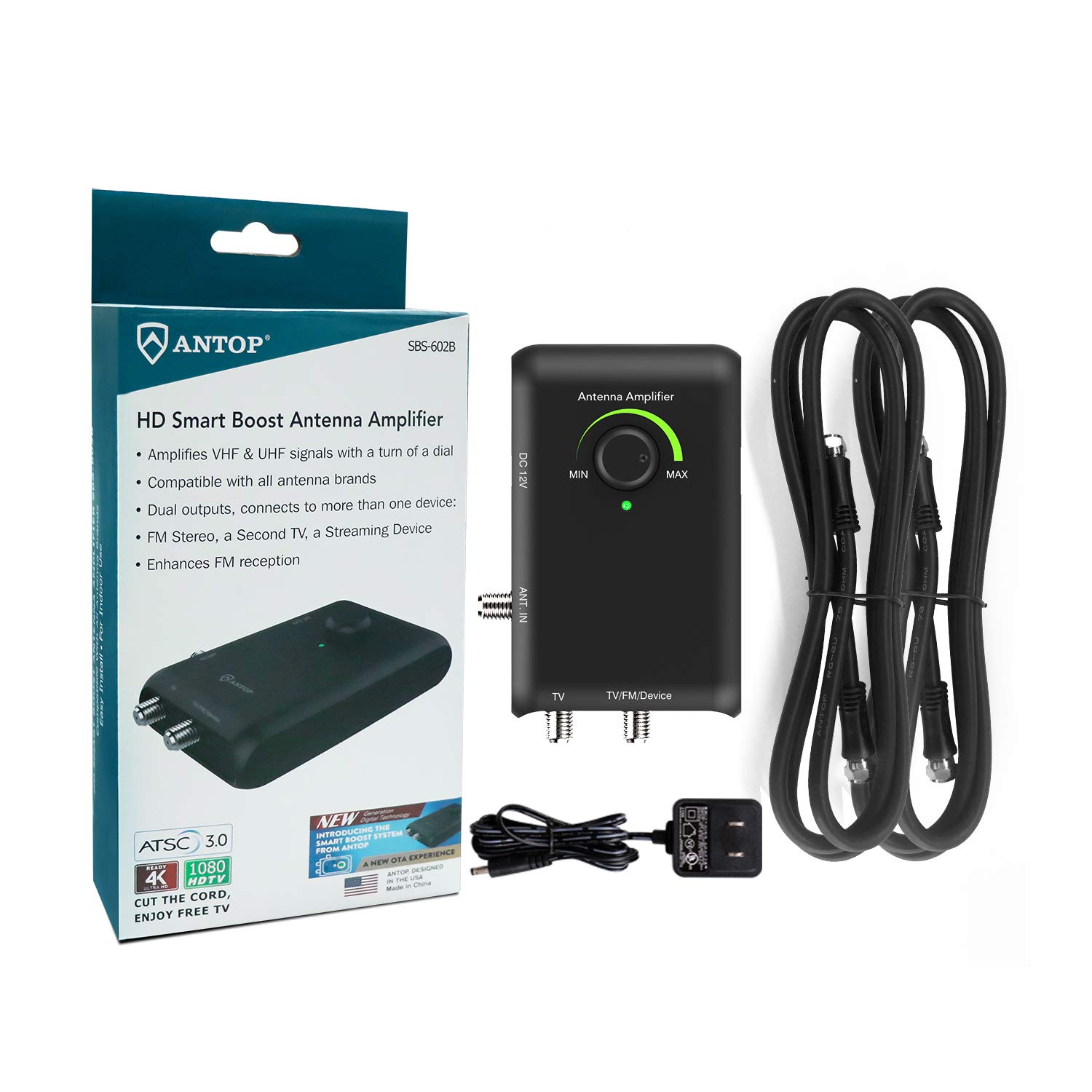 ANTOP HD Smart Boost Antenna Amplifier, HDTV Signal Booster, Amplifier with Dual Outputs for TV and Second Device, Enhances VHF/UHF/FM Reception