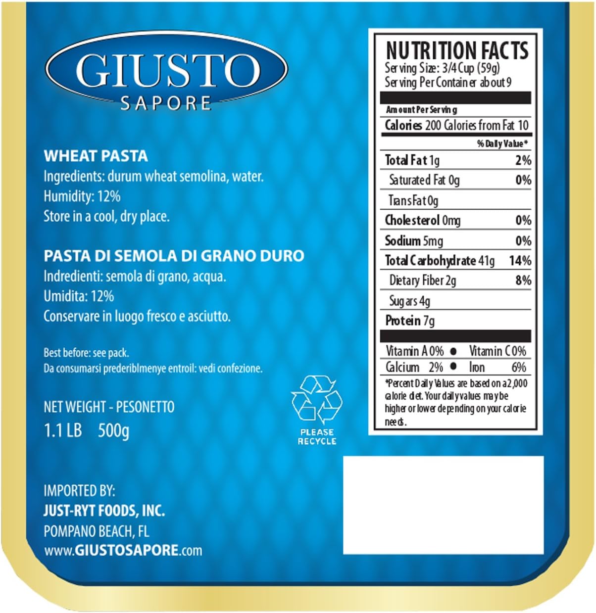 Giusto Sapore Italian Pasta - Caserecce 454g - Premium Organic Bronze Drawn Durum Wheat Semolina Gourmet Pasta Brand - Imported from Italy and Family Owned