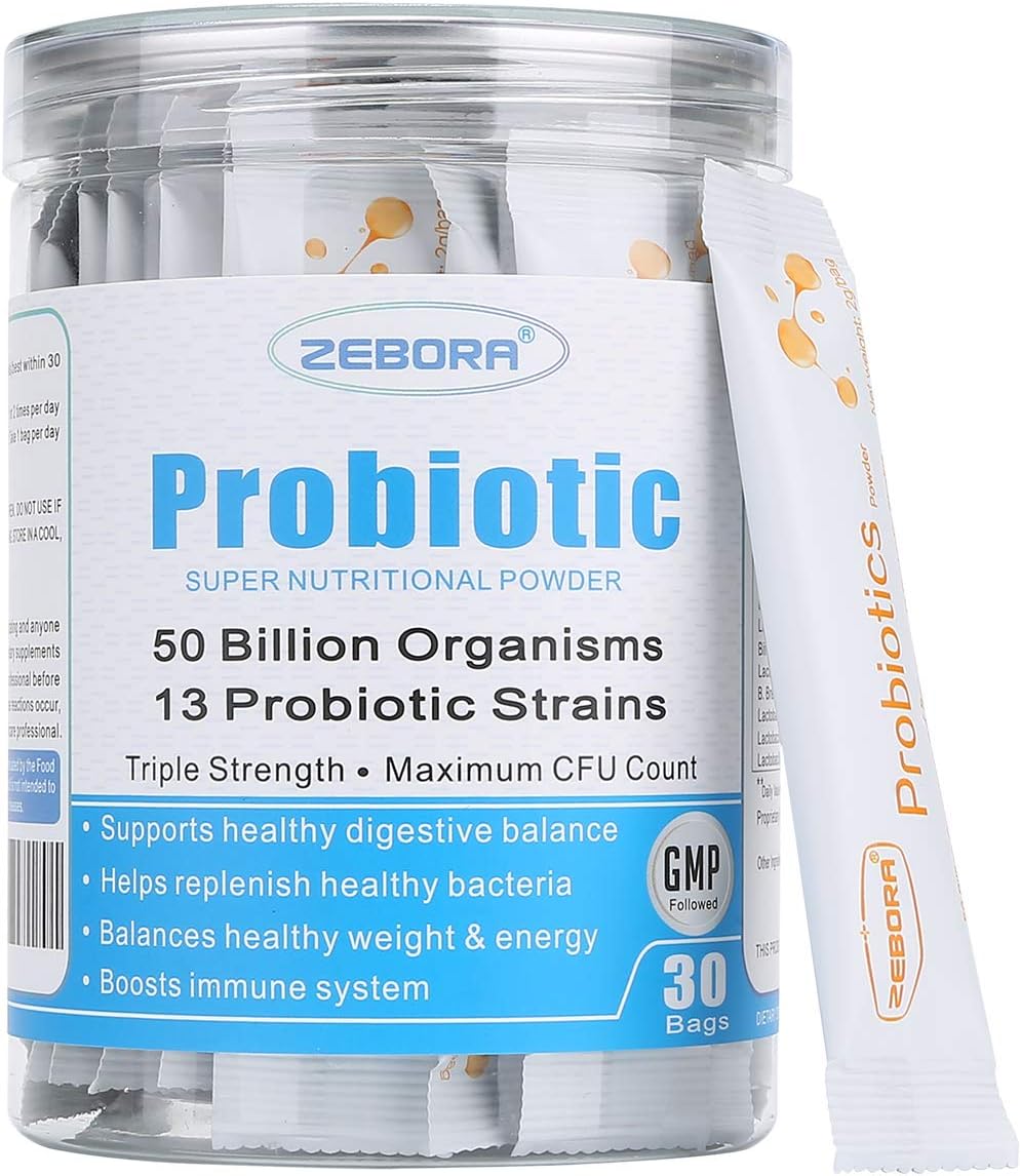 ZEBORA Probiotic Powder for Women and Kids, 30 Single-Serve Packets | 50 Billion Probiotics With Prebiotics For Digestive & Gut Health, Shelf-Stable